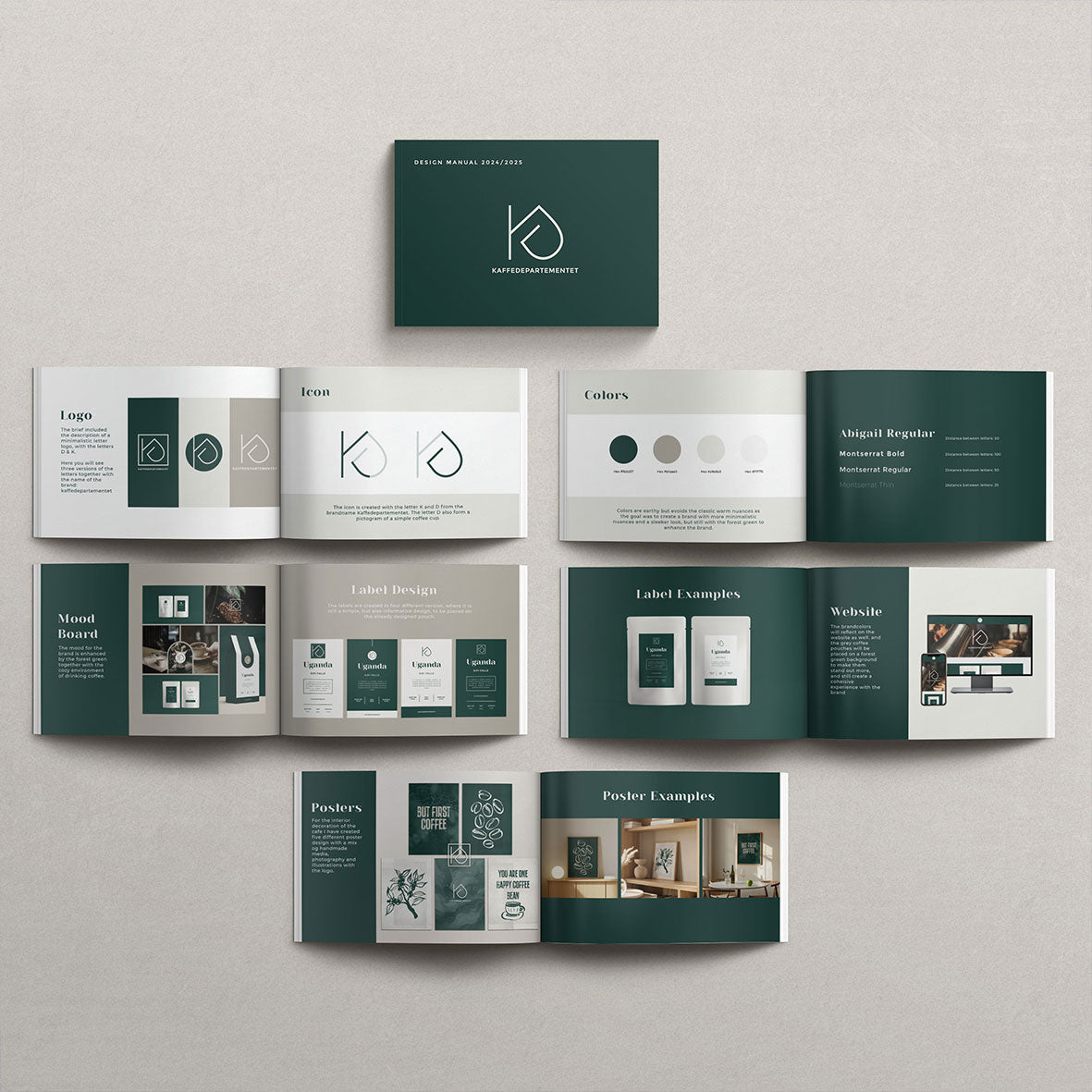 Professional brand book design services Sweden - Kaffedepartementet coffee brand identity guide showcasing logo, color palette, mood board, and design system by Cmone Creative Denmark