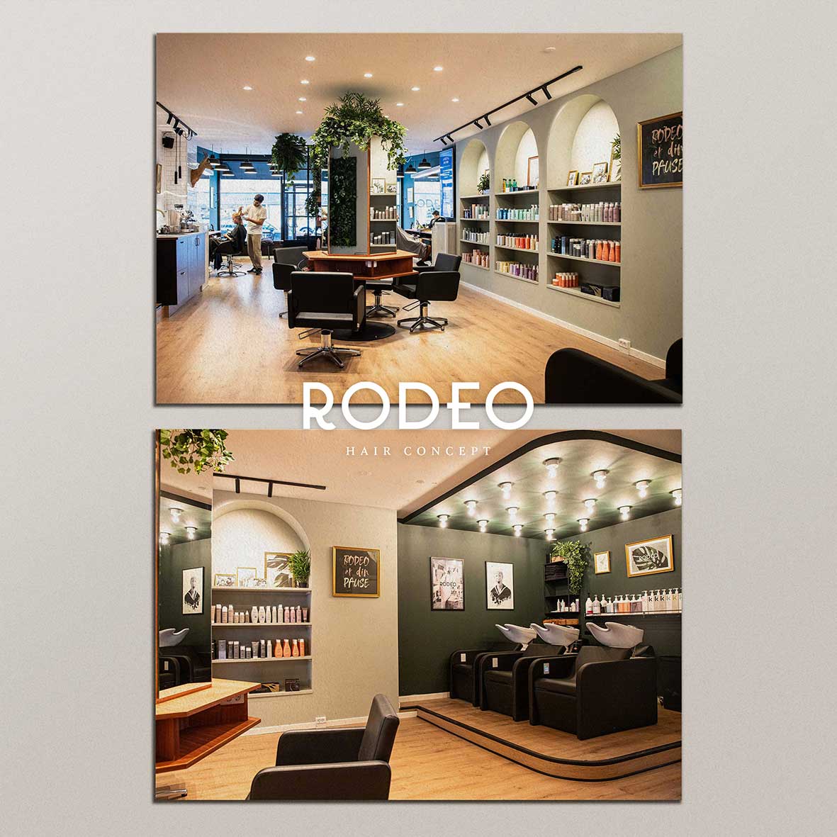 Professional location photography services Copenhagen - RODEO Hair Concept salon interior photography showcasing modern design and professional hair styling stations by Cmone Creative Denmark