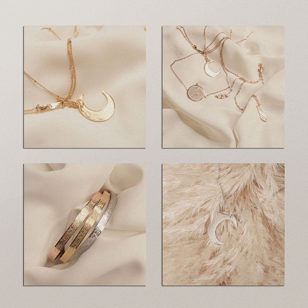 Professional product photography services Copenhagen - luxury jewelry collection featuring gold necklaces bracelets and rings with elegant styling by Cmone Creative Denmark