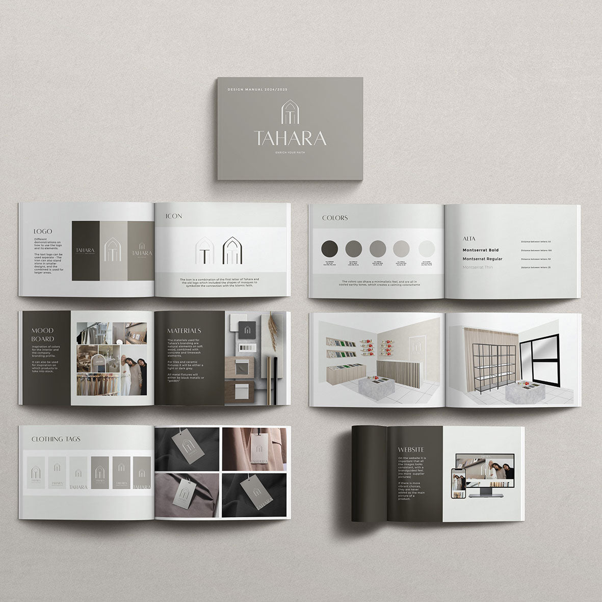 Professional brand book design services Sweden - TAHARA modest fashion brand identity guide showcasing logo, color palette, mood board, and design system by Cmone Creative Denmark