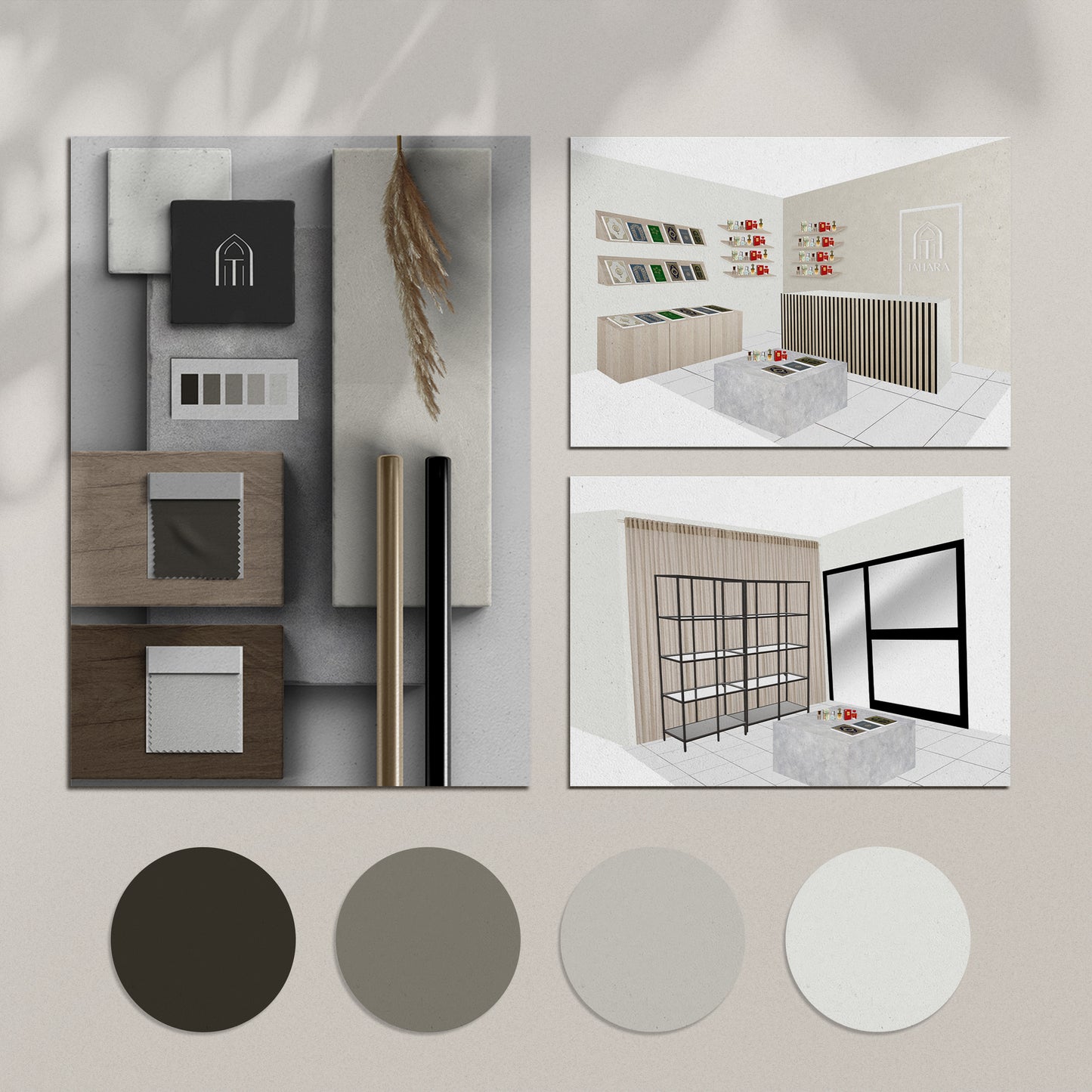 Interior design services Sweden - TAHARA brand interior design mockup with color palette and material samples showcasing interior design consultation by Cmone Creative Denmark