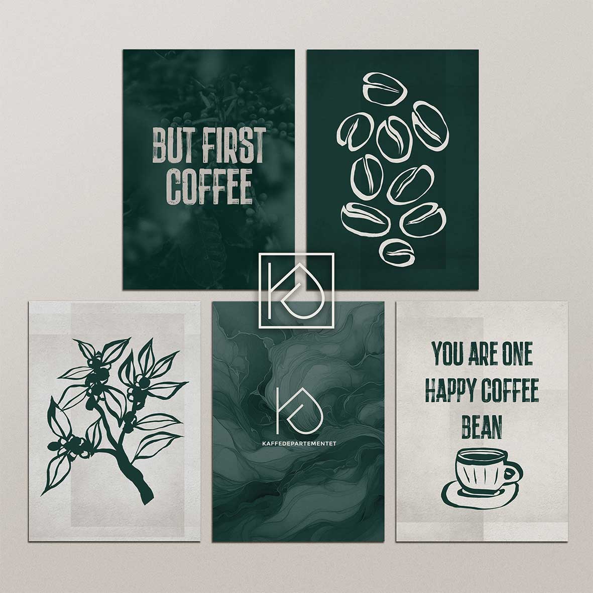 Custom poster design services Sweden - Kaffedepartementet coffee themed poster collection featuring botanical and typography designs by Cmone Creative Denmark
