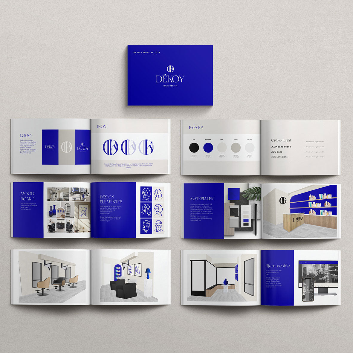 Professional brand book design services Copenhagen - DEKOY Hair Concept brand identity guide showcasing logo, color palette, mood board, and design system by Cmone Creative Denmark