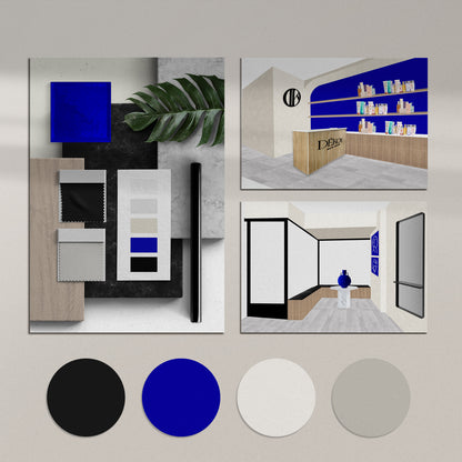 Interior design services Sweden - DEKOY Hair Design salon interior mockup with color palette and material samples showcasing interior design consultation by Cmone Creative Denmark