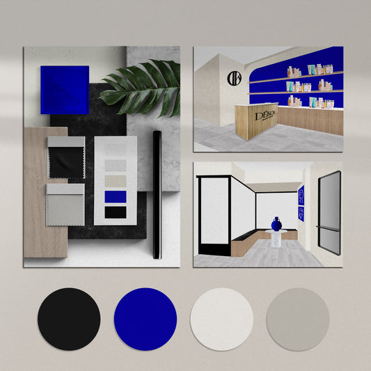 Interior design services Sweden - DEKOY Hair Design salon interior mockup with color palette and material samples showcasing interior design consultation by Cmone Creative Denmark
