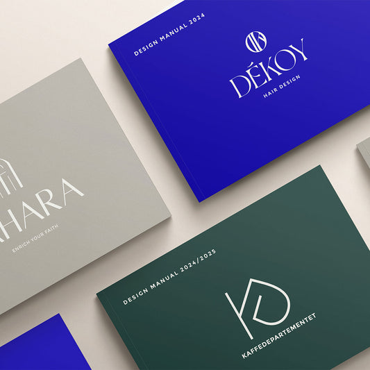 Professional design manual and brand book services Sweden - DEKOY Hair Concept and Kaffedepartementet brand identity design manuals showcasing logo variations by Cmone Creative Denmark