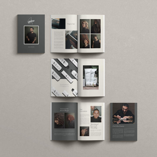 Professional brochure design for Esha Khamo featuring editorial layouts, product photography integration, and brand consistency