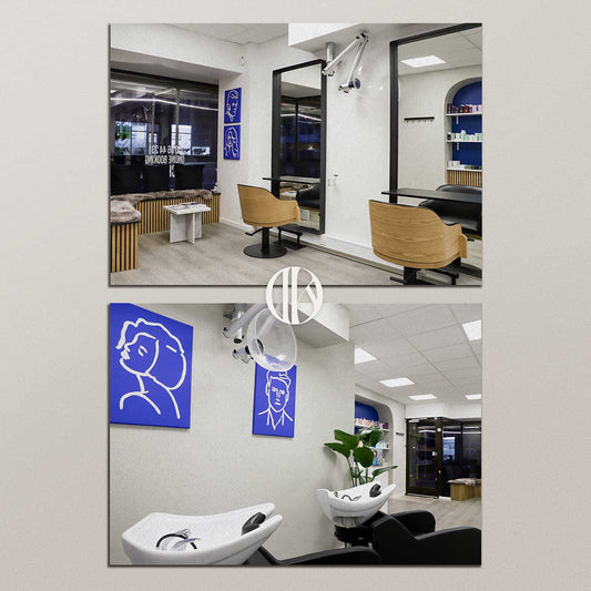 Professional location photography services Denmark - DEKOY Hair Design salon interior photography showcasing modern styling stations and brand identity by Cmone Creative Denmark