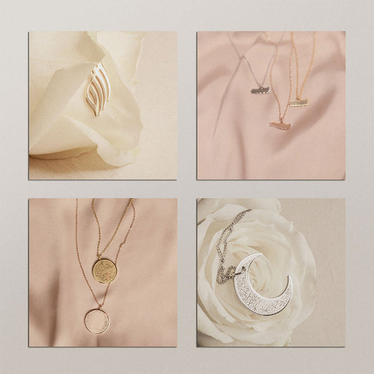 Professional product photography services Sweden - jewelry and accessories photography showcasing gold and silver necklaces with elegant styling by Cmone Creative Denmark