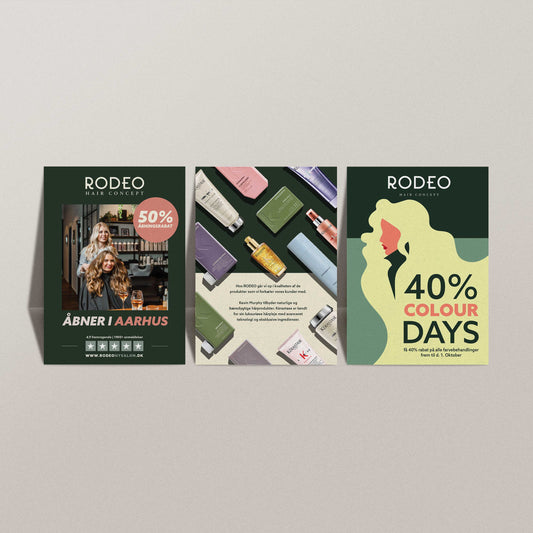 Professional graphic design services Sweden - RODEO Hair Concept marketing brochures showcasing product photography, promotional offers, and brand design by Cmone Creative Denmark